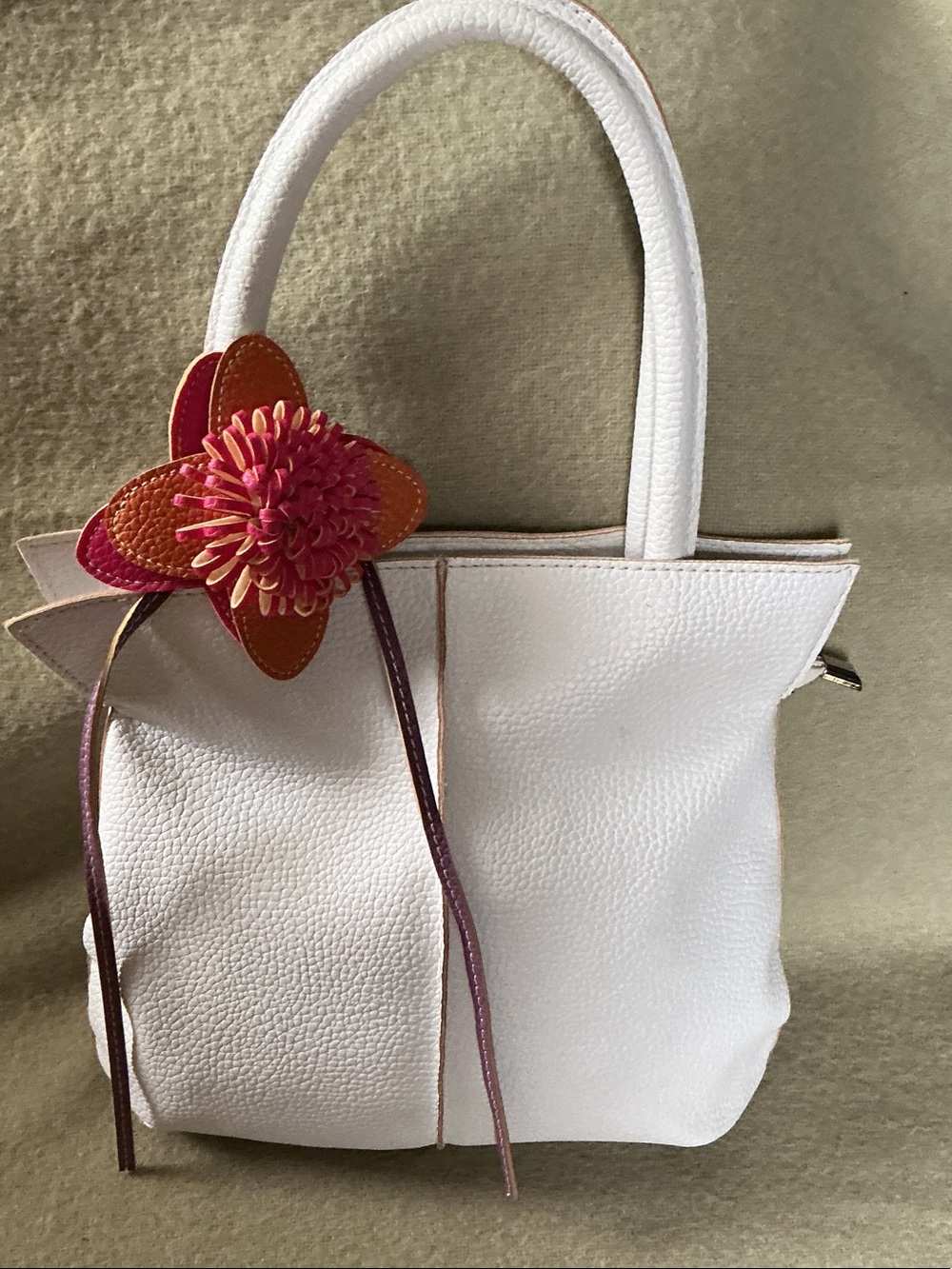 White Pebbled Tote with Pink & Orange Floral Accent